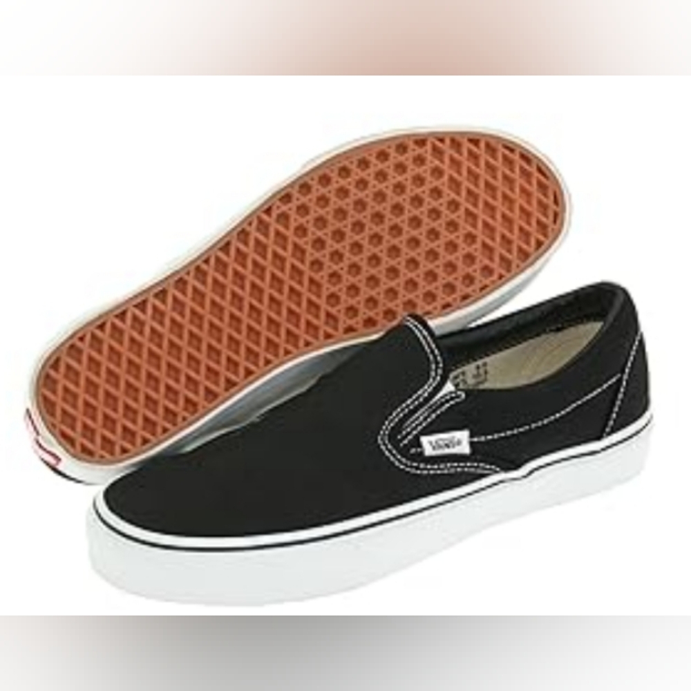 Vans Classic Slip-on Black True White Wide Sneakers Size M 7.5 W9 NIB MSRP $70